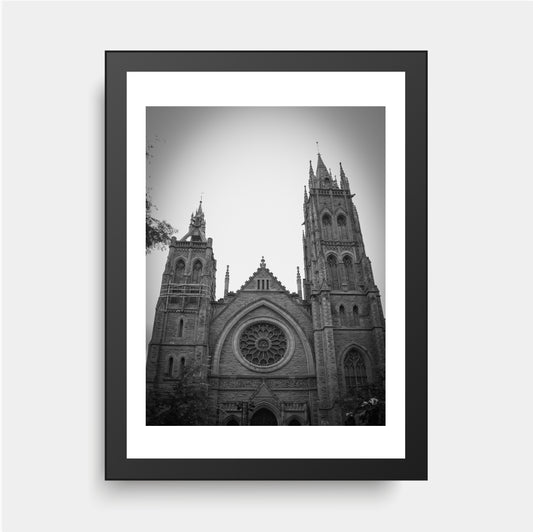 Victorian Gothic Rose Window & Towers, Gothic Architecture, Black and White Photography